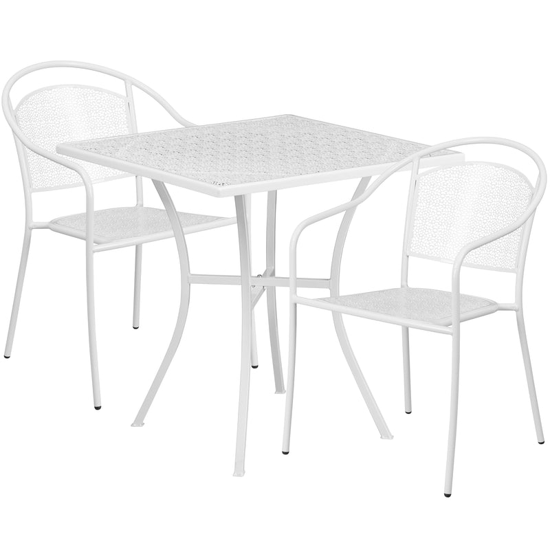 Commercial Grade 28" Square White Indoor-Outdoor Steel Patio Table Set with 2 Round Back Chairs