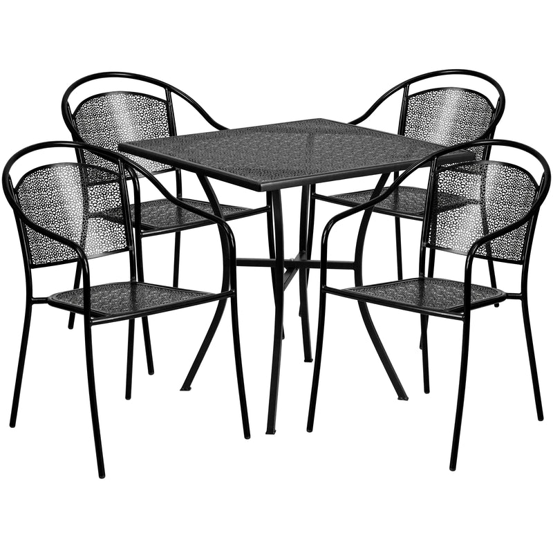 Commercial Grade 28" Square Black Indoor-Outdoor Steel Patio Table Set with 4 Round Back Chairs