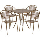 Commercial Grade 28" Square Gold Indoor-Outdoor Steel Patio Table Set with 4 Round Back Chairs