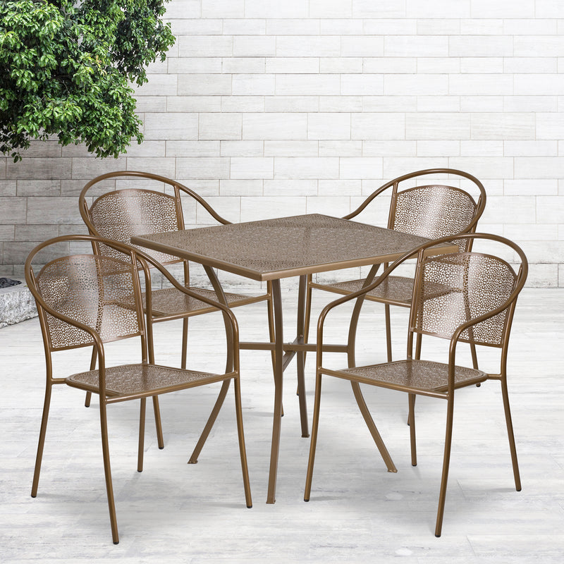 Commercial Grade 28" Square Gold Indoor-Outdoor Steel Patio Table Set with 4 Round Back Chairs