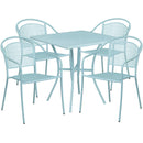 Commercial Grade 28" Square Sky Blue Indoor-Outdoor Steel Patio Table Set with 4 Round Back Chairs
