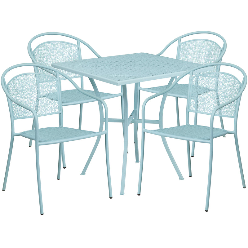 Commercial Grade 28" Square Sky Blue Indoor-Outdoor Steel Patio Table Set with 4 Round Back Chairs