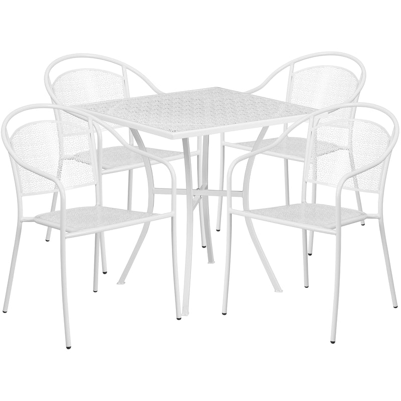 Commercial Grade 28" Square White Indoor-Outdoor Steel Patio Table Set with 4 Round Back Chairs