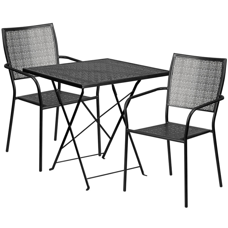 Commercial Grade 28" Square Black Indoor-Outdoor Steel Folding Patio Table Set with 2 Square Back Chairs