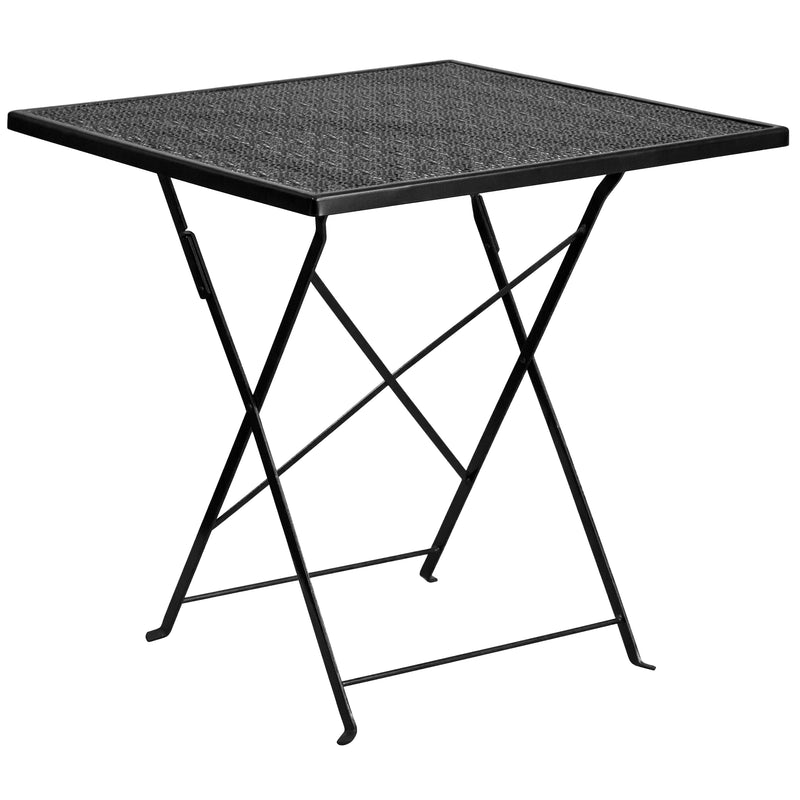 Commercial Grade 28" Square Black Indoor-Outdoor Steel Folding Patio Table Set with 2 Square Back Chairs