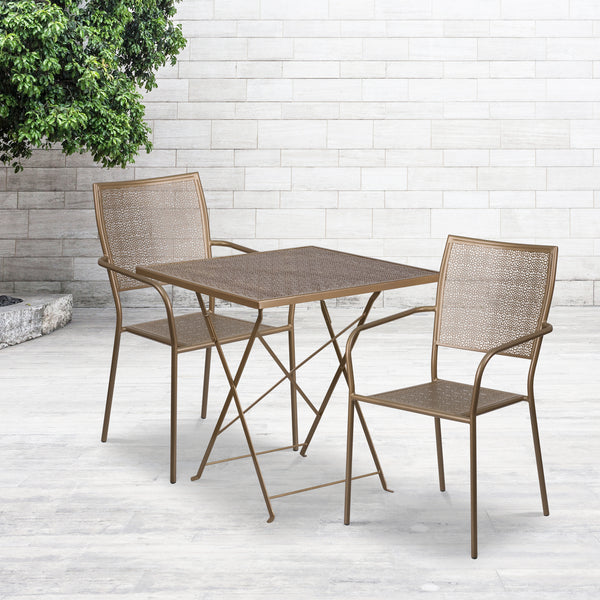 Commercial Grade 28" Square Gold Indoor-Outdoor Steel Folding Patio Table Set with 2 Square Back Chairs