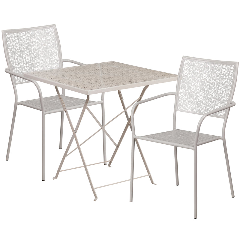 Commercial Grade 28" Square Light Gray Indoor-Outdoor Steel Folding Patio Table Set with 2 Square Back Chairs