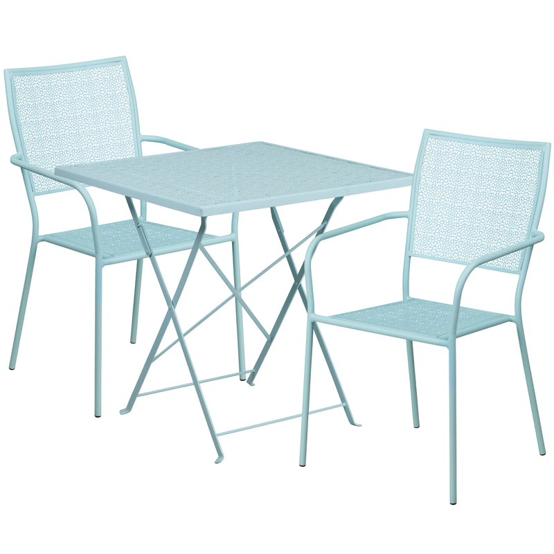 Commercial Grade 28" Square Sky Blue Indoor-Outdoor Steel Folding Patio Table Set with 2 Square Back Chairs