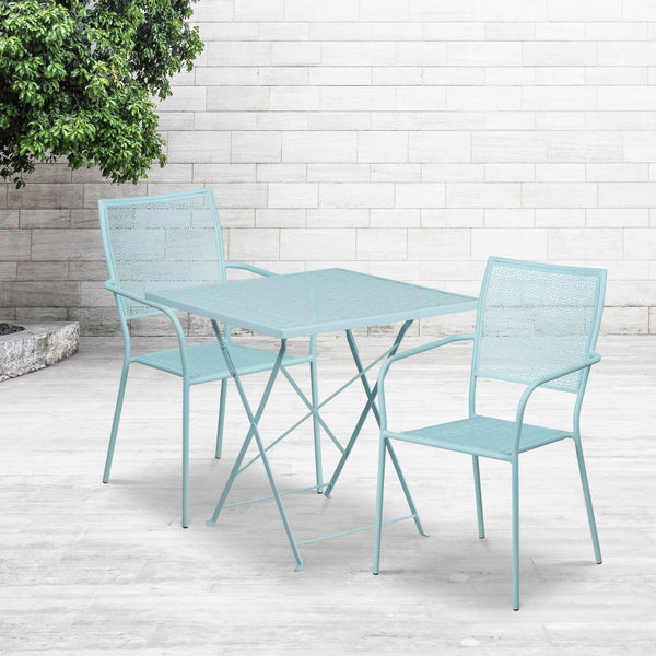 Commercial Grade 28" Square Sky Blue Indoor-Outdoor Steel Folding Patio Table Set with 2 Square Back Chairs