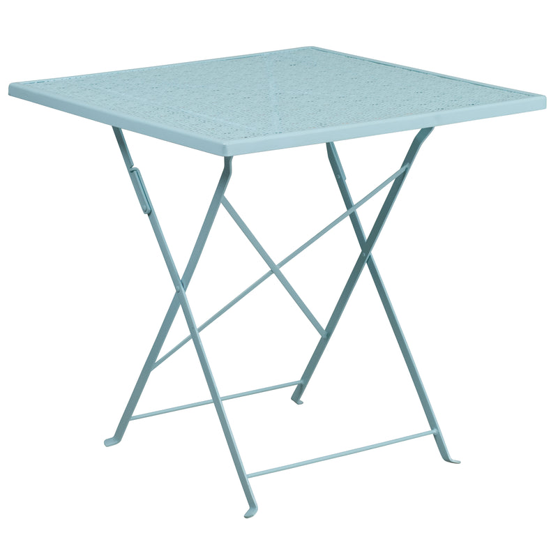 Commercial Grade 28" Square Sky Blue Indoor-Outdoor Steel Folding Patio Table Set with 2 Square Back Chairs