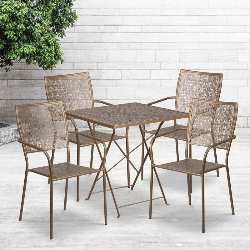 Commercial Grade 28" Square Gold Indoor-Outdoor Steel Folding Patio Table Set with 4 Square Back Chairs