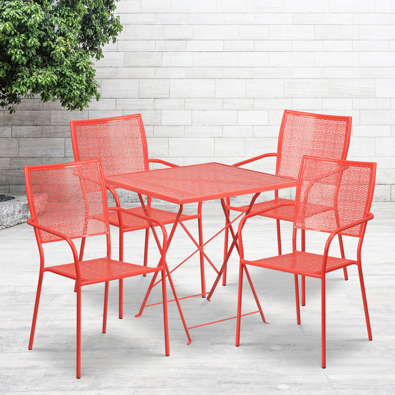 Commercial Grade 28" Square Coral Indoor-Outdoor Steel Folding Patio Table Set with 4 Square Back Chairs