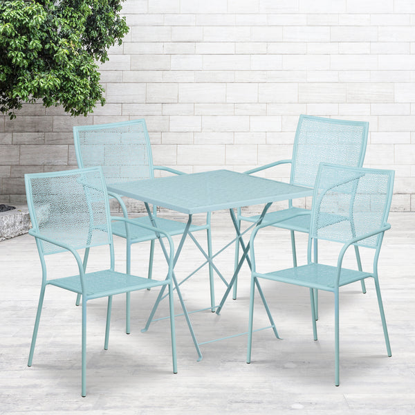 Commercial Grade 28" Square Sky Blue Indoor-Outdoor Steel Folding Patio Table Set with 4 Square Back Chairs