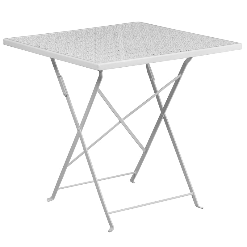 Commercial Grade 28" Square White Indoor-Outdoor Steel Folding Patio Table Set with 4 Square Back Chairs