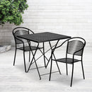 Commercial Grade 28" Square Black Indoor-Outdoor Steel Folding Patio Table Set with 2 Round Back Chairs