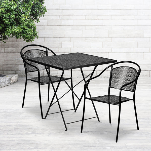 Commercial Grade 28" Square Black Indoor-Outdoor Steel Folding Patio Table Set with 2 Round Back Chairs