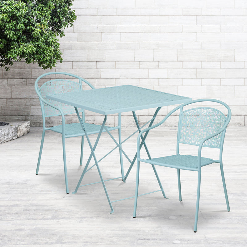 Commercial Grade 28" Square Sky Blue Indoor-Outdoor Steel Folding Patio Table Set with 2 Round Back Chairs