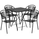 Commercial Grade 28" Square Black Indoor-Outdoor Steel Folding Patio Table Set with 4 Round Back Chairs