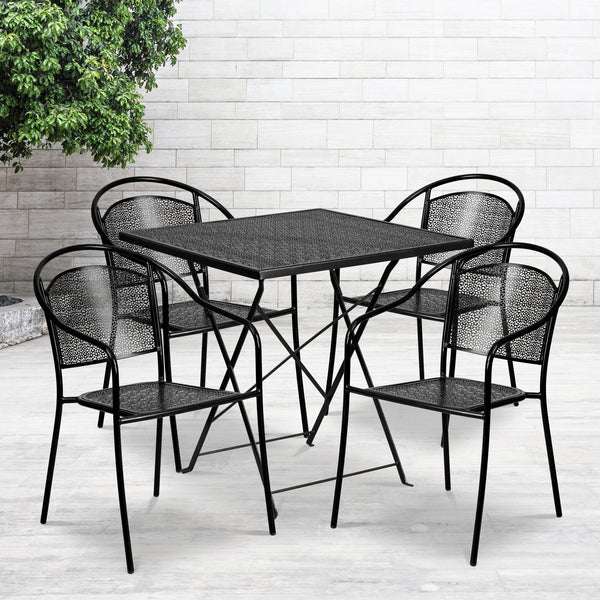 Commercial Grade 28" Square Black Indoor-Outdoor Steel Folding Patio Table Set with 4 Round Back Chairs