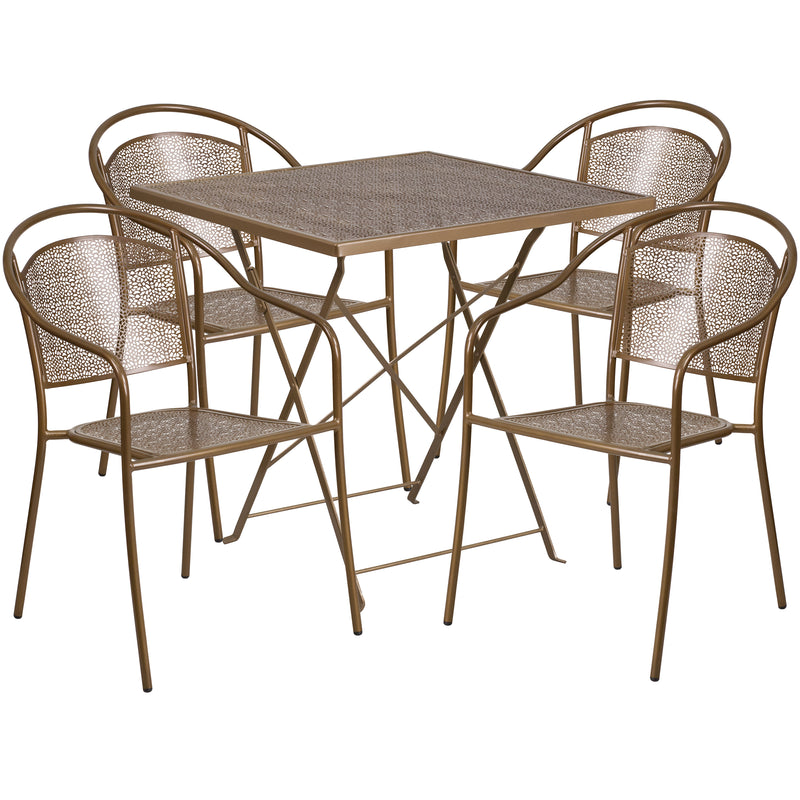 Commercial Grade 28" Square Gold Indoor-Outdoor Steel Folding Patio Table Set with 4 Round Back Chairs