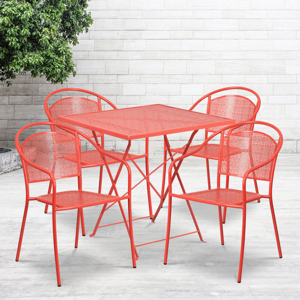 Commercial Grade 28" Square Coral Indoor-Outdoor Steel Folding Patio Table Set with 4 Round Back Chairs