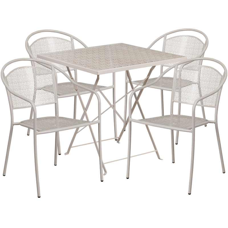 Commercial Grade 28" Square Light Gray Indoor-Outdoor Steel Folding Patio Table Set with 4 Round Back Chairs