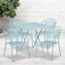 Commercial Grade 28" Square Sky Blue Indoor-Outdoor Steel Folding Patio Table Set with 4 Round Back Chairs