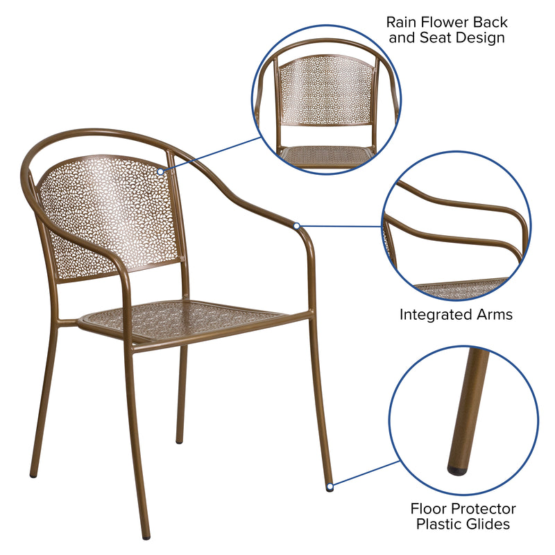 Commercial Grade Gold Indoor-Outdoor Steel Patio Arm Chair with Round Back