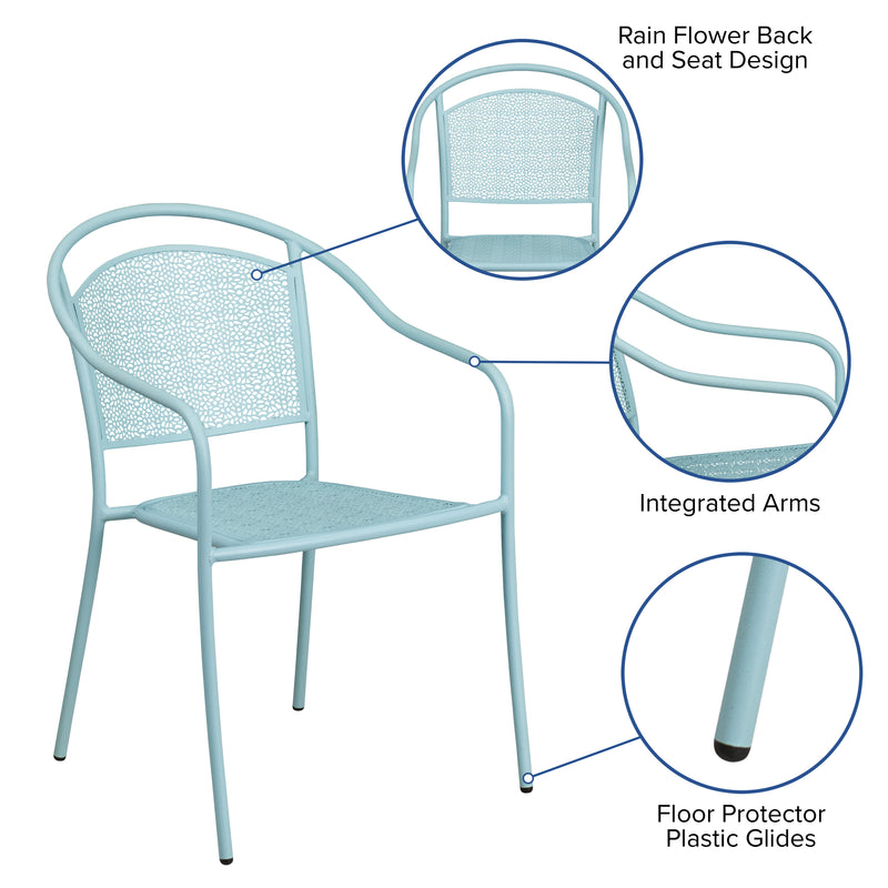 Commercial Grade Sky Blue Indoor-Outdoor Steel Patio Arm Chair with Round Back