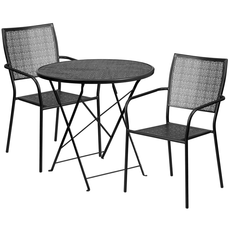 Commercial Grade 30" Round Black Indoor-Outdoor Steel Folding Patio Table Set with 2 Square Back Chairs