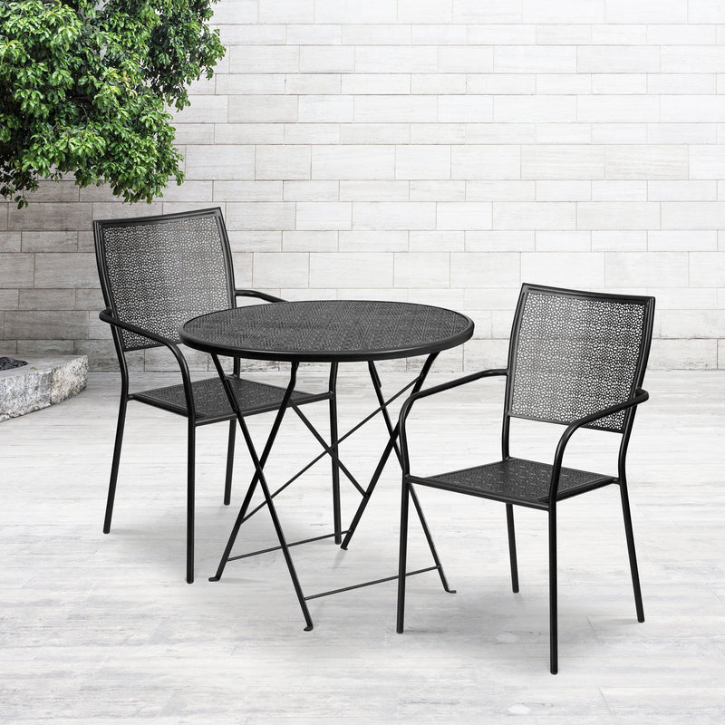 Commercial Grade 30" Round Black Indoor-Outdoor Steel Folding Patio Table Set with 2 Square Back Chairs