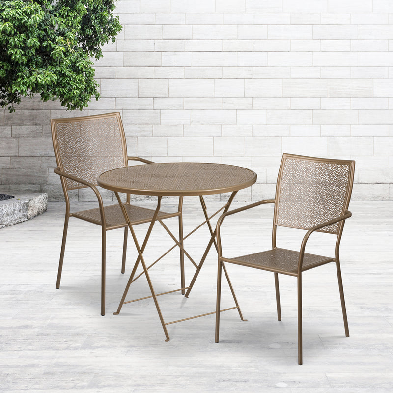 Commercial Grade 30" Round Gold Indoor-Outdoor Steel Folding Patio Table Set with 2 Square Back Chairs