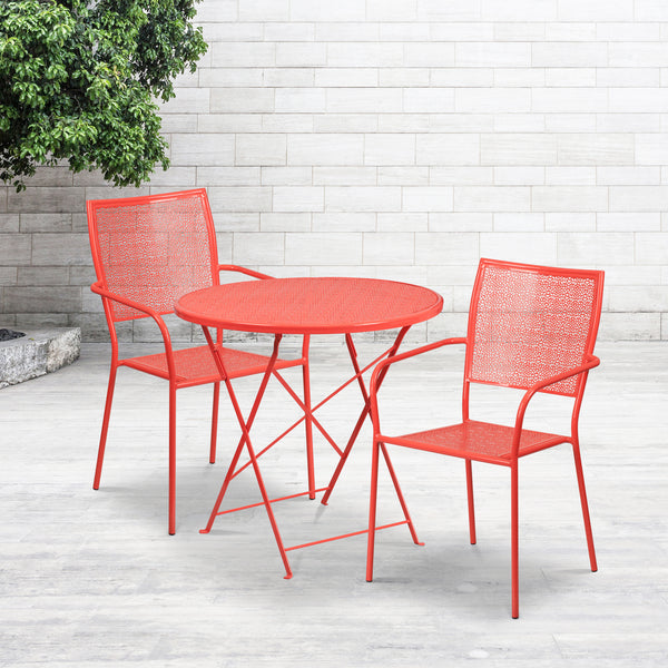 Commercial Grade 30" Round Coral Indoor-Outdoor Steel Folding Patio Table Set with 2 Square Back Chairs