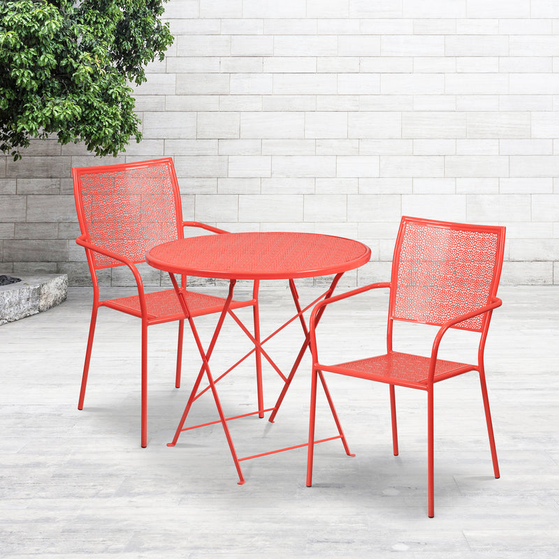 Commercial Grade 30" Round Coral Indoor-Outdoor Steel Folding Patio Table Set with 2 Square Back Chairs