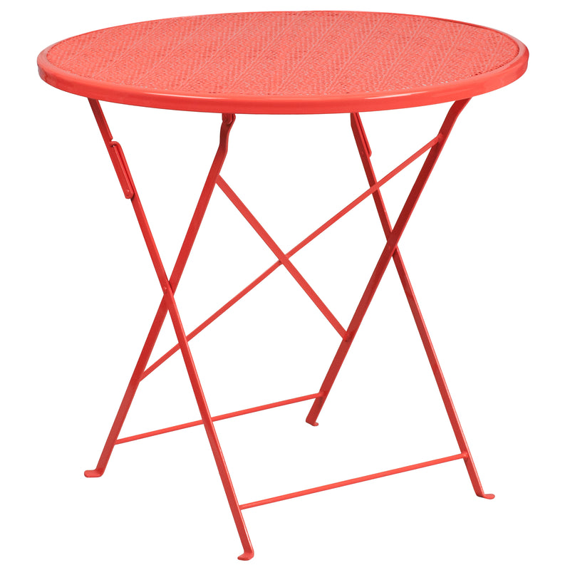 Commercial Grade 30" Round Coral Indoor-Outdoor Steel Folding Patio Table Set with 2 Square Back Chairs