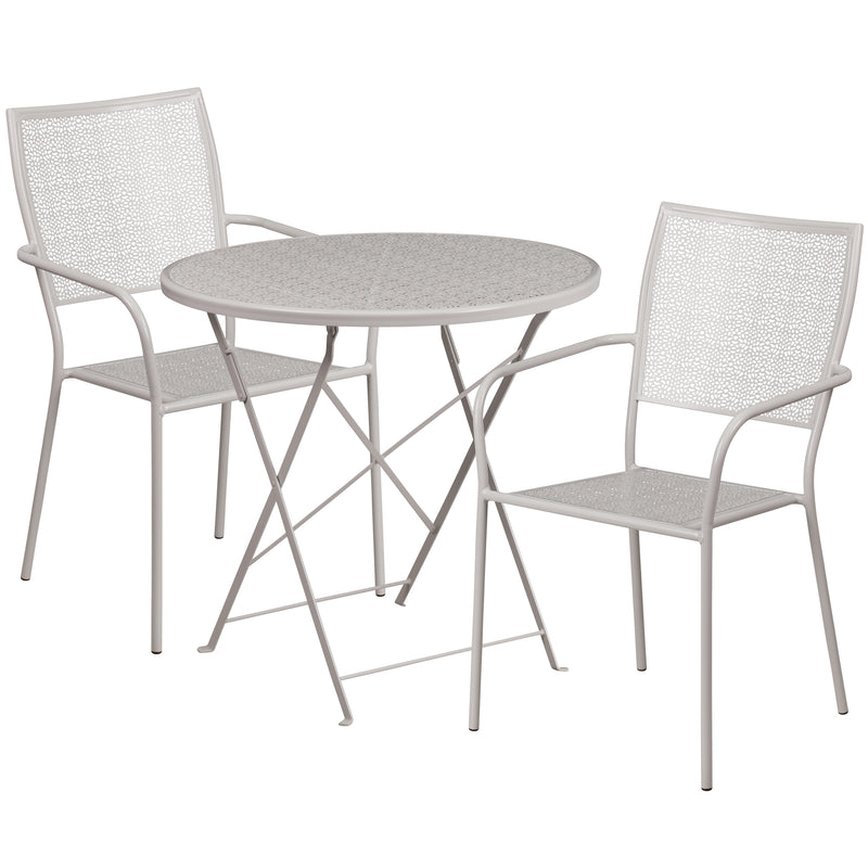 Commercial Grade 30" Round Light Gray Indoor-Outdoor Steel Folding Patio Table Set with 2 Square Back Chairs