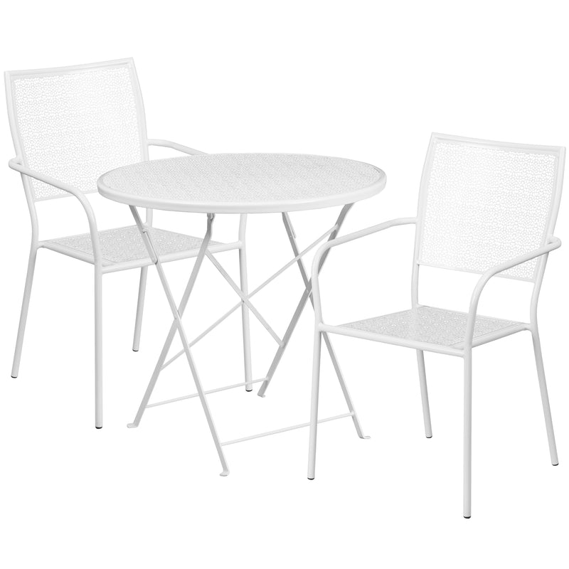 Commercial Grade 30" Round White Indoor-Outdoor Steel Folding Patio Table Set with 2 Square Back Chairs