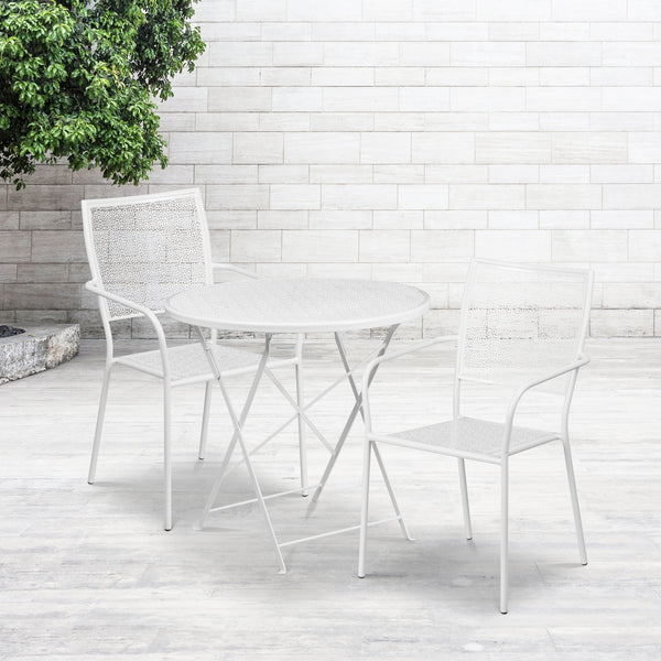 Commercial Grade 30" Round White Indoor-Outdoor Steel Folding Patio Table Set with 2 Square Back Chairs