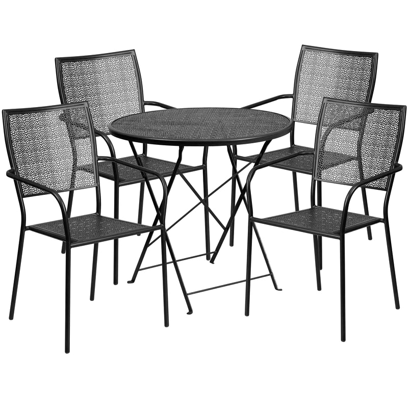 Commercial Grade 30" Round Black Indoor-Outdoor Steel Folding Patio Table Set with 4 Square Back Chairs