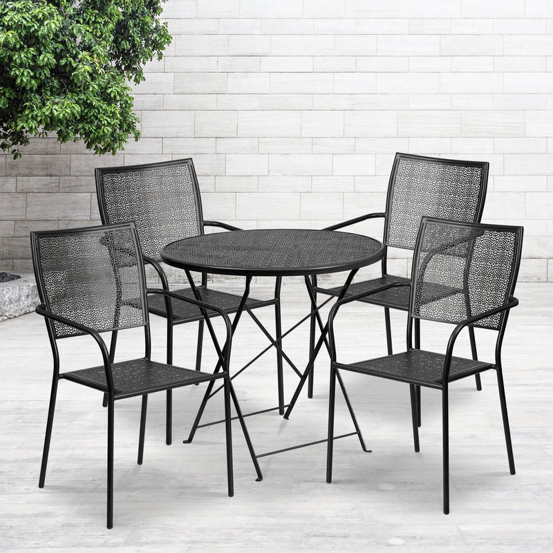 Commercial Grade 30" Round Black Indoor-Outdoor Steel Folding Patio Table Set with 4 Square Back Chairs