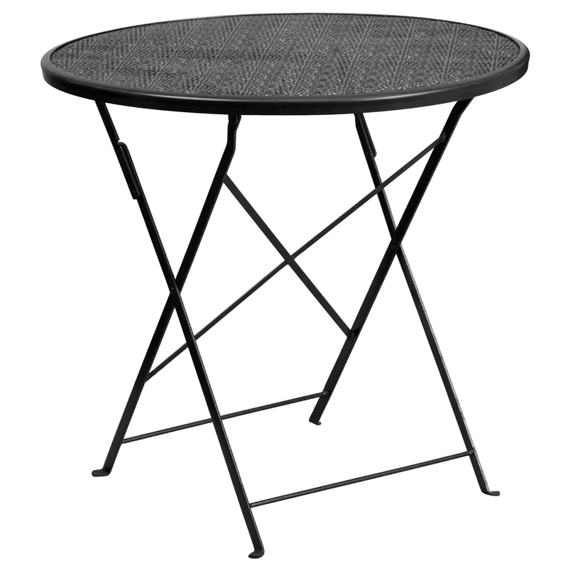 Commercial Grade 30" Round Black Indoor-Outdoor Steel Folding Patio Table Set with 4 Square Back Chairs