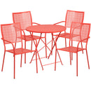 Commercial Grade 30" Round Coral Indoor-Outdoor Steel Folding Patio Table Set with 4 Square Back Chairs