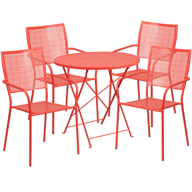 Commercial Grade 30" Round Coral Indoor-Outdoor Steel Folding Patio Table Set with 4 Square Back Chairs