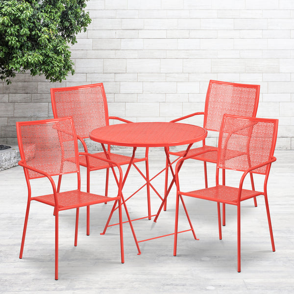 Commercial Grade 30" Round Coral Indoor-Outdoor Steel Folding Patio Table Set with 4 Square Back Chairs