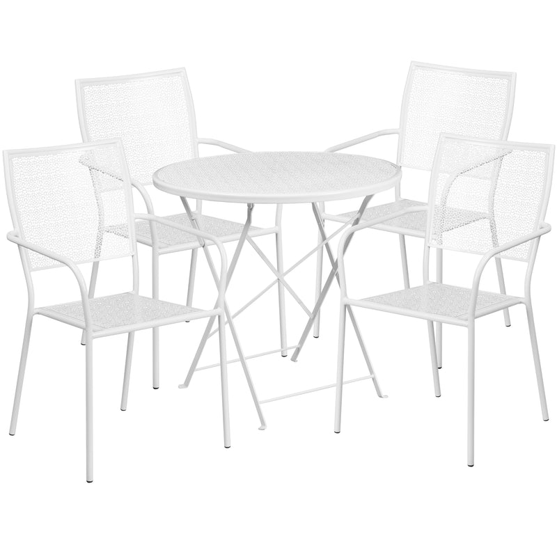 Commercial Grade 30" Round White Indoor-Outdoor Steel Folding Patio Table Set with 4 Square Back Chairs