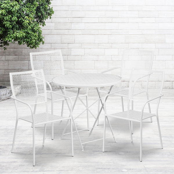 Commercial Grade 30" Round White Indoor-Outdoor Steel Folding Patio Table Set with 4 Square Back Chairs