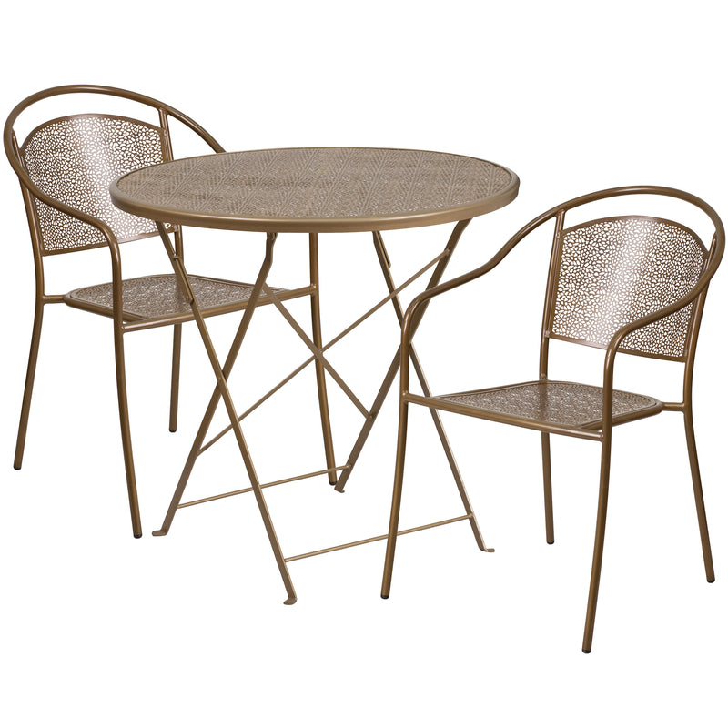 Commercial Grade 30" Round Gold Indoor-Outdoor Steel Folding Patio Table Set with 2 Round Back Chairs