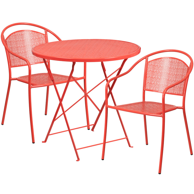 Commercial Grade 30" Round Coral Indoor-Outdoor Steel Folding Patio Table Set with 2 Round Back Chairs