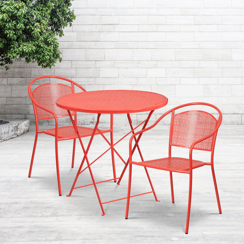 Commercial Grade 30" Round Coral Indoor-Outdoor Steel Folding Patio Table Set with 2 Round Back Chairs