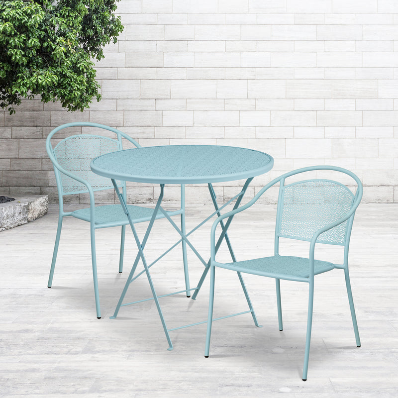 Commercial Grade 30" Round Sky Blue Indoor-Outdoor Steel Folding Patio Table Set with 2 Round Back Chairs